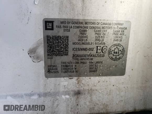 2019 Chevrolet Equinox Premier z VIN 2GNAXXEV5K6121010, wystawiony jako Copart lot #86289035 z przebiegiem 104 721 mil mil oraz Szkoda całkowita • Salvage title. Historia ofert i sprzedaży dostępna na DreamBid. Obrazek 14.