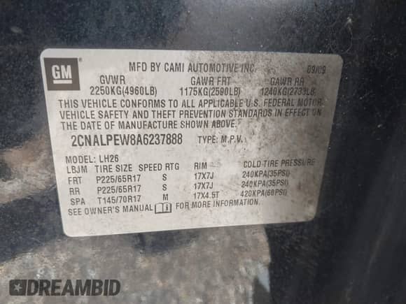 2010 Chevrolet Equinox 2LT with VIN 2CNALPEW8A6237888, listed as a IAAI auction lot 43153180 with 196,408 mi miles and . Bid and sale history available at DreamBid. Image 9.