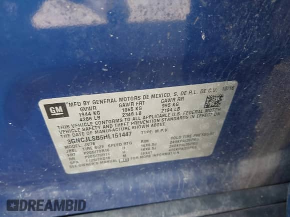 2017 Chevrolet Trax LT z VIN 3GNCJLSB5HL151447, wystawiony jako IAAI lot #42986691 z przebiegiem 122 873 mil mil oraz . Historia ofert i sprzedaży dostępna na DreamBid. Obrazek 9.