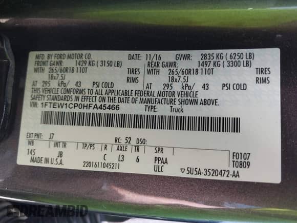 2017 Ford F-150 XL z VIN 1FTEW1CP0HFA45466, wystawiony jako IAAI lot #42758184 z przebiegiem 66 523 mil mil oraz . Historia ofert i sprzedaży dostępna na DreamBid. Obrazek 9.