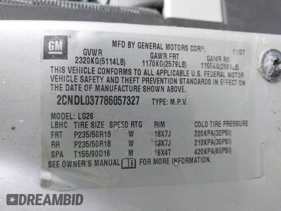 2008 Chevrolet Equinox Sport с VIN 2CNDL037786057327, выставлен на аукционе IAAI как лот 41661325 с пробегом 115 281 миль миль и . История ставок и продаж доступна на DreamBid. Изображение 9.