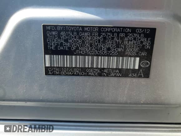 2012 Lexus IS 250 z VIN JTHCF5C23C5057255, wystawiony jako Copart lot #67997535 z przebiegiem 147 065 mil mil oraz Szkoda całkowita • Salvage title. Historia ofert i sprzedaży dostępna na DreamBid. Obrazek 12.