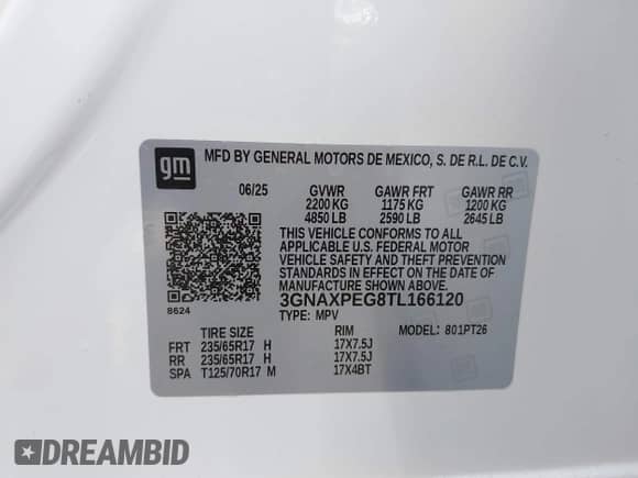 2026 Chevrolet Equinox AWD LT with VIN 3GNAXPEG8TL166120, listed as a IAAI auction lot 43003285 with 1,978 mi miles and . Bid and sale history available at DreamBid. Image 9.