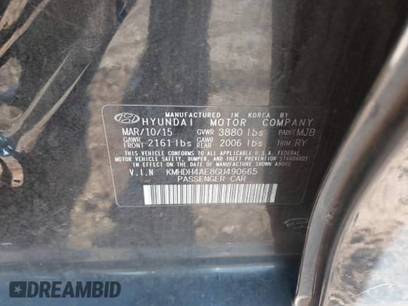 2016 Hyundai Elantra Value Edition with VIN KMHDH4AE8GU490665, listed as a IAAI auction lot 41058832 with 155,243 mi miles and . Bid and sale history available at DreamBid. Image 9.