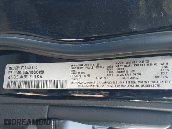 2024 Jeep Grand Cherokee Limited with VIN 1C4RJKBG7R8603150, listed as a IAAI auction lot 43416150 with 25,597 mi miles and . Bid and sale history available at DreamBid. Image 9.