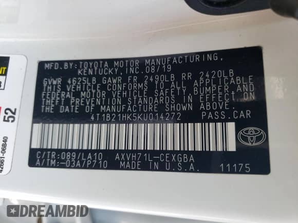 2019 Toyota Camry Hybrid LE с VIN 4T1B21HK5KU014272, выставлен на аукционе Copart как лот 62397815 с пробегом 59 834 миль миль и Списание • Salvage title. История ставок и продаж доступна на DreamBid. Изображение 12.