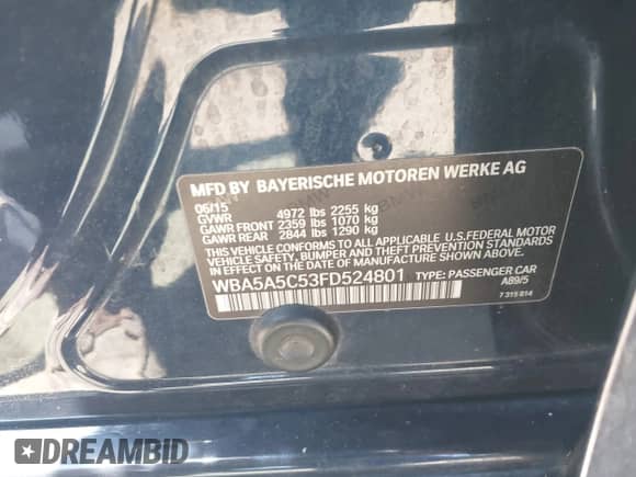 2015 BMW 5 Series 528i с VIN WBA5A5C53FD524801, выставлен на аукционе IAAI как лот 42894370 с пробегом 134 495 миль миль и . История ставок и продаж доступна на DreamBid. Изображение 9.