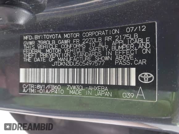 2012 Toyota Prius One с VIN JTDKN3DU5C5497577, выставлен на аукционе IAAI как лот 42353192 с пробегом 95 548 миль миль и . История ставок и продаж доступна на DreamBid. Изображение 9.