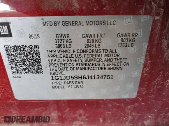 2018 Chevrolet Sonic LT with VIN 1G1JD5SH6J4134751, listed as a Copart auction lot 84629995 with Not provided miles and Clean title. Bid and sale history available at DreamBid. Image 12.