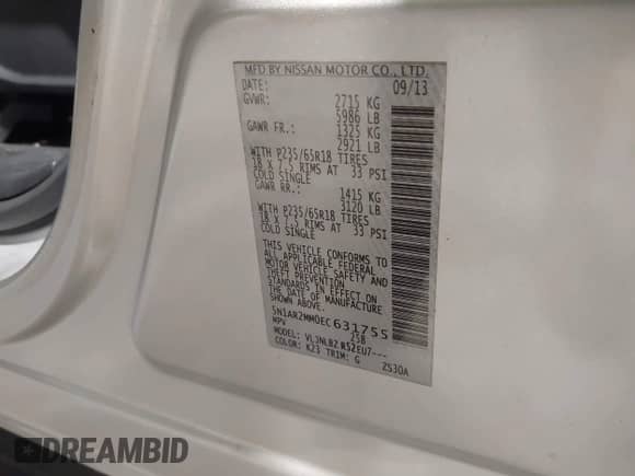 2014 Nissan Pathfinder SV with VIN 5N1AR2MM0EC631755, listed as a IAAI auction lot 43318101 with 288,061 mi miles and . Bid and sale history available at DreamBid. Image 9.