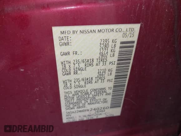 2015 Nissan Murano SL with VIN 5N1AZ2MH0FN240260, listed as a IAAI auction lot 42817943 with 155,367 mi miles and . Bid and sale history available at DreamBid. Image 9.