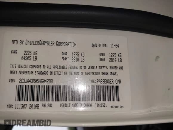2005 Chrysler 300 300 with VIN 2C3JA43R05H604299, listed as a IAAI auction lot 43141549 with 131,677 mi miles and . Bid and sale history available at DreamBid. Image 9.