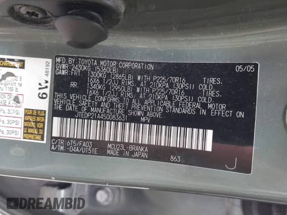 2005 Toyota Highlander с VIN JTEDP21A450083631, выставлен на аукционе IAAI как лот 42984920 с пробегом 243 009 миль миль и . История ставок и продаж доступна на DreamBid. Изображение 9.