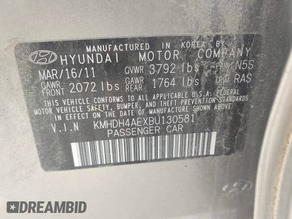 2011 Hyundai Elantra GLS z VIN KMHDH4AEXBU130581, wystawiony jako IAAI lot #42953232 z przebiegiem 204 273 mil mil oraz . Historia ofert i sprzedaży dostępna na DreamBid. Obrazek 9.