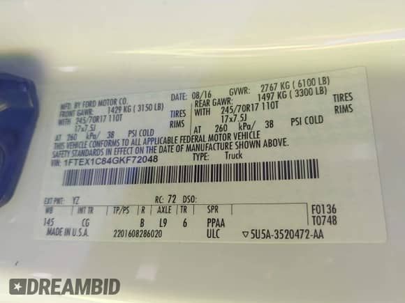2016 Ford F-150 XL z VIN 1FTEX1C84GKF72048, wystawiony jako IAAI lot #41732580 z przebiegiem 146 885 mil mil oraz . Historia ofert i sprzedaży dostępna na DreamBid. Obrazek 9.