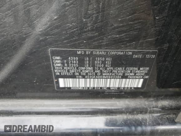 2021 Subaru Impreza с VIN 4S3GKAB69M3603386, выставлен на аукционе Copart как лот 56720605 с пробегом 55 095 миль миль и Списание • Salvage title. История ставок и продаж доступна на DreamBid. Изображение 12.