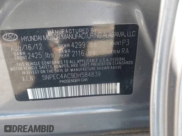 2013 Hyundai Sonata SE with VIN 5NPEC4AC9DH584839, listed as a IAAI auction lot 43357147 with 170,259 mi miles and . Bid and sale history available at DreamBid. Image 9.