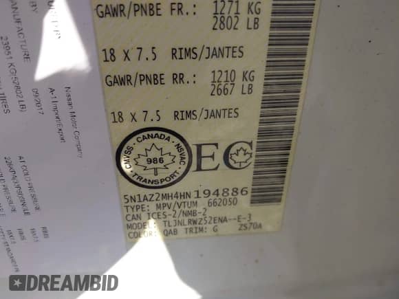 2017 Nissan Murano Platinum with VIN 5N1AZ2MH4HN194886, listed as a IAAI auction lot 42989142 with 131,634 mi miles and . Bid and sale history available at DreamBid. Image 9.