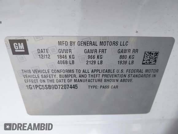 2013 Chevrolet Cruze 1LT with VIN 1G1PC5SB9D7207445, listed as a IAAI auction lot 43310061 with 109,159 mi miles and . Bid and sale history available at DreamBid. Image 9.