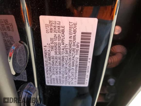 2022 Honda Pilot Touring 8-Passenger with VIN 5FNYF5H9XNB014112, listed as a Copart auction lot 85129194 with 64,061 mi miles and Salvage title. Bid and sale history available at DreamBid. Image 12.