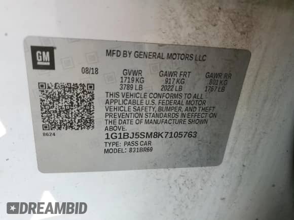 2019 Chevrolet Cruze с VIN 1G1BJ5SM8K7105763, выставлен на аукционе Copart как лот 87006105 с пробегом 120 938 миль миль и Чистый • Clean title. История ставок и продаж доступна на DreamBid. Изображение 12.