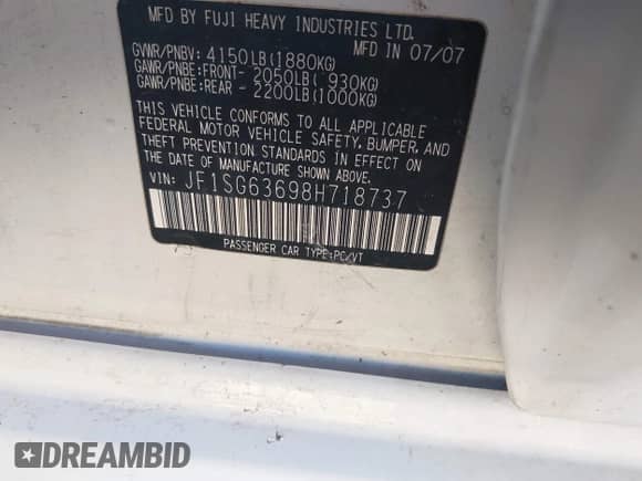 2008 Subaru Forester X with VIN JF1SG63698H718737, listed as a IAAI auction lot 43373758 with 175,552 mi miles and . Bid and sale history available at DreamBid. Image 9.