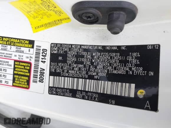 2013 Toyota Sienna SE with VIN 5TDXK3DC5DS287918, listed as a IAAI auction lot 43528644 with 88,324 mi miles and . Bid and sale history available at DreamBid. Image 9.