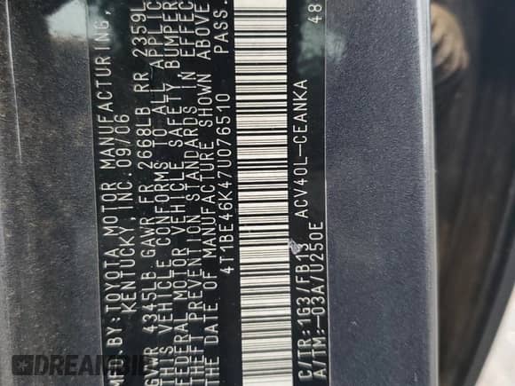 2007 Toyota Camry CE with VIN 4T1BE46K47U076510, listed as a Copart auction lot 70369015 with 235,223 mi miles and Salvage title. Bid and sale history available at DreamBid. Image 12.