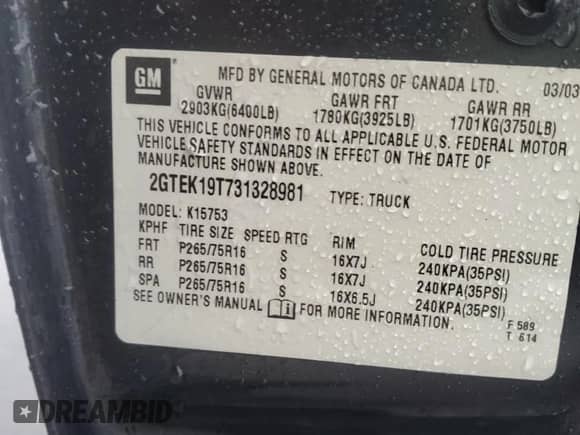 2003 GMC Sierra 1500 SLE with VIN 2GTEK19T731328981, listed as a Copart auction lot 56709645 with 242,866 mi miles and Salvage title. Bid and sale history available at DreamBid. Image 12.