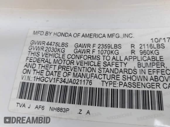 2018 Honda Accord Sport with VIN 1HGCV1F34JA021176, listed as a IAAI auction lot 43342324 with 155,847 mi miles and . Bid and sale history available at DreamBid. Image 9.