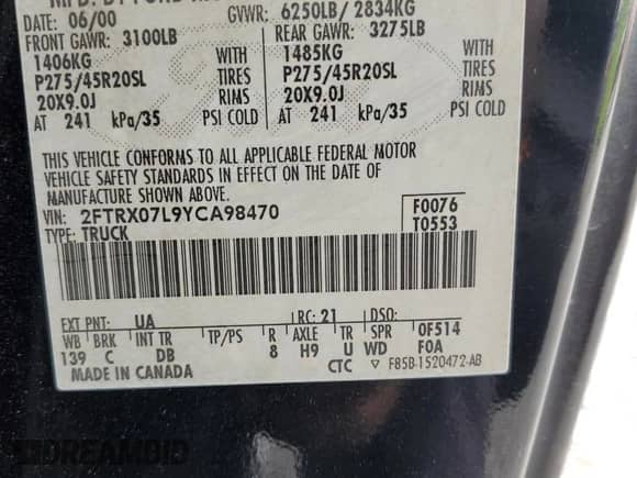 2000 Ford F-150 XL z VIN 2FTRX07L9YCA98470, wystawiony jako Copart lot #60734265 z przebiegiem Nie podano mil oraz Szkoda całkowita • Salvage title. Historia ofert i sprzedaży dostępna na DreamBid. Obrazek 12.