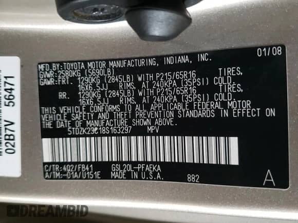 2008 Toyota Sienna LE with VIN 5TDZK23C18S163297, listed as a Copart auction lot 71488885 with 176,696 mi miles and Salvage title. Bid and sale history available at DreamBid. Image 13.