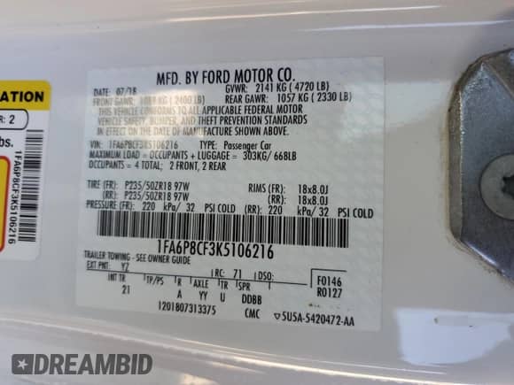 2019 Ford Mustang GT with VIN 1FA6P8CF3K5106216, listed as a Copart auction lot 82754945 with 67,369 mi miles and Salvage title. Bid and sale history available at DreamBid. Image 13.