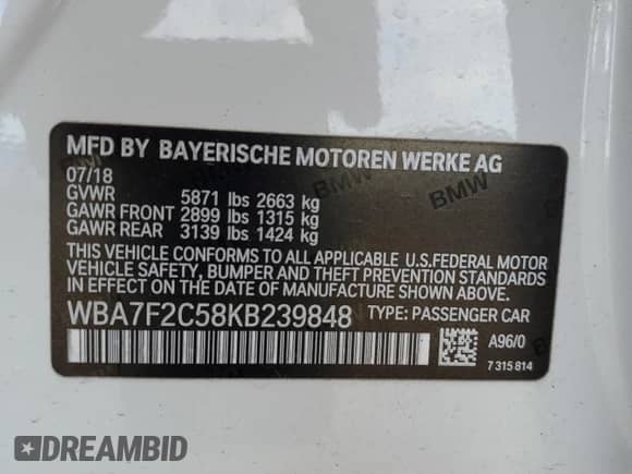 2019 BMW 7 Series 750i xDrive with VIN WBA7F2C58KB239848, listed as a Copart auction lot 73400304 with Not provided miles and Salvage title. Bid and sale history available at DreamBid. Image 12.