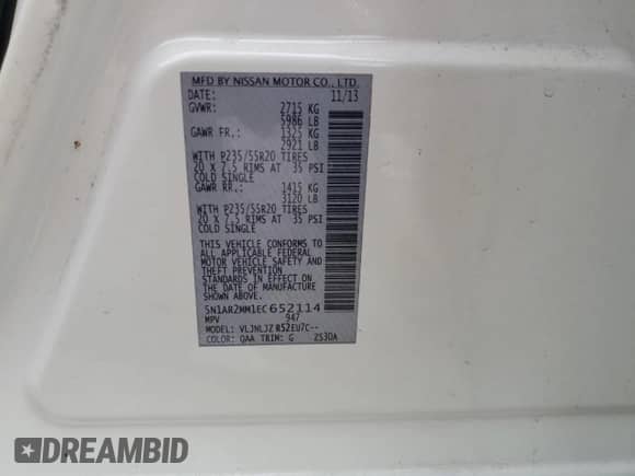 2014 Nissan Pathfinder Platinum with VIN 5N1AR2MM1EC652114, listed as a Copart auction lot 66991445 with 155,936 mi miles and Salvage title. Bid and sale history available at DreamBid. Image 13.