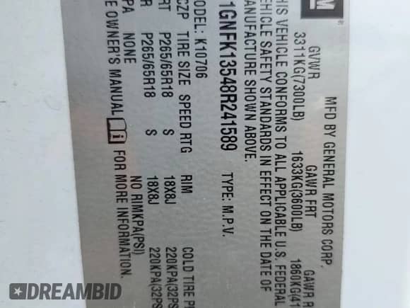 2008 Chevrolet Tahoe с VIN 1GNFK13548R241589, выставлен на аукционе Copart как лот 68074935 с пробегом 166 492 миль миль и Чистый • Clean title. История ставок и продаж доступна на DreamBid. Изображение 13.