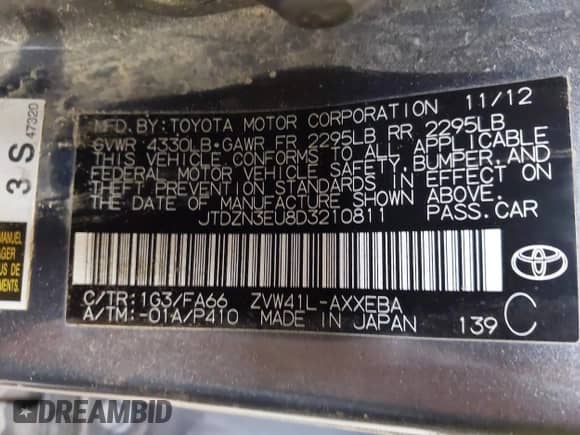 2013 Toyota Prius Two with VIN JTDZN3EU8D3210811, listed as a IAAI auction lot 43298259 with 218,796 mi miles and . Bid and sale history available at DreamBid. Image 9.