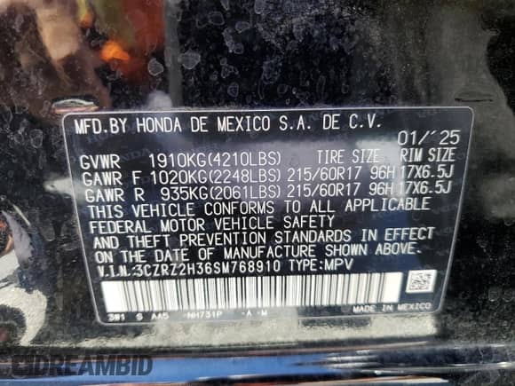2025 Honda HR-V LX with VIN 3CZRZ2H36SM768910, listed as a Copart auction lot 66334655 with 6,278 mi miles and Salvage title. Bid and sale history available at DreamBid. Image 12.
