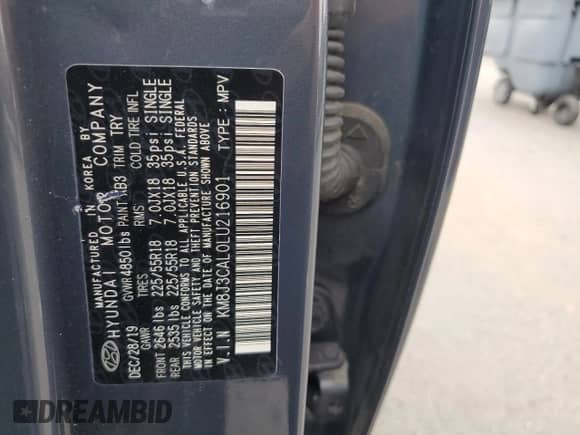 2020 Hyundai Tucson SEL with VIN KM8J3CAL0LU216901, listed as a Copart auction lot 66132945 with 36,425 mi miles and Salvage title. Bid and sale history available at DreamBid. Image 13.