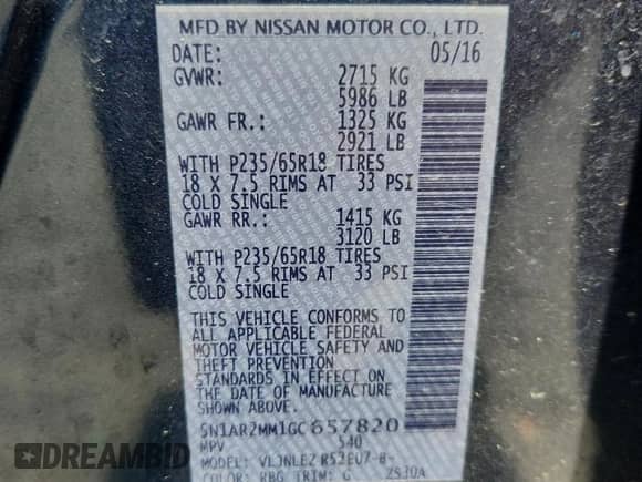 2016 Nissan Pathfinder S with VIN 5N1AR2MM1GC657820, listed as a Copart auction lot 64108355 with 160,558 mi miles and Clean title. Bid and sale history available at DreamBid. Image 13.