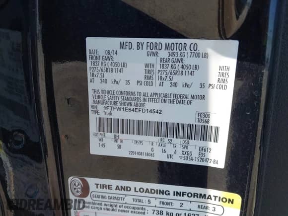 2014 Ford F-150 XLT with VIN 1FTFW1E64EFD14542, listed as a IAAI auction lot 43034880 with 197,620 mi miles and . Bid and sale history available at DreamBid. Image 9.