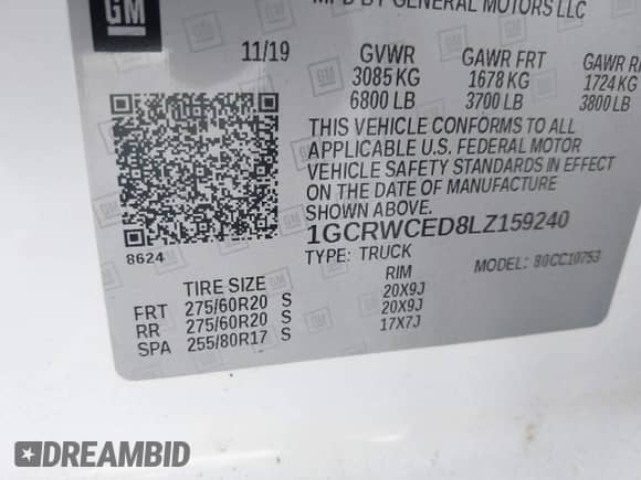 2020 Chevrolet Silverado 1500 LT z VIN 1GCRWCED8LZ159240, wystawiony jako IAAI lot #40765702 z przebiegiem 89 461 mil mil oraz . Historia ofert i sprzedaży dostępna na DreamBid. Obrazek 9.