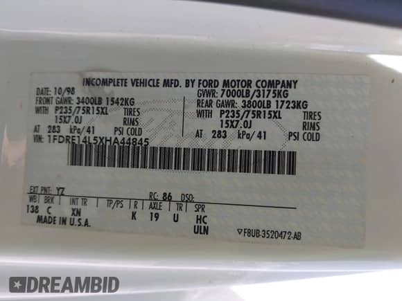 1999 Ford Econoline Cargo Recreational with VIN 1FDRE14L5XHA44845, listed as a IAAI auction lot 42945226 with Not provided miles and . Bid and sale history available at DreamBid. Image 9.