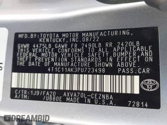 2023 Toyota Camry LE z VIN 4T1C11AK3PU723498, wystawiony jako IAAI lot #43139931 z przebiegiem 70 435 mil mil oraz . Historia ofert i sprzedaży dostępna na DreamBid. Obrazek 9.