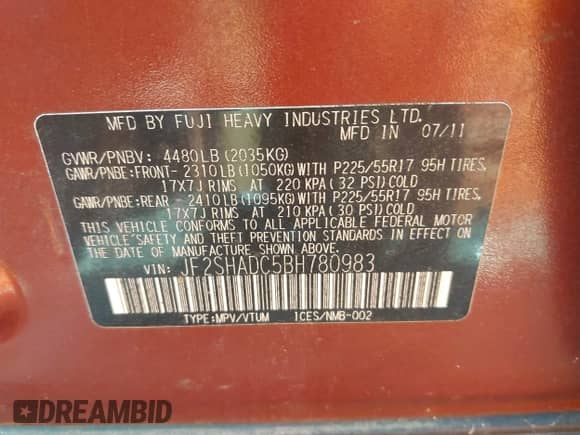 2011 Subaru Forester X Premium with VIN JF2SHADC5BH780983, listed as a IAAI auction lot 43149023 with 194,547 mi miles and . Bid and sale history available at DreamBid. Image 9.