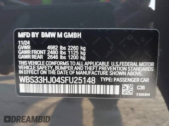 2025 BMW M3 Competition xDrive with VIN WBS33HJ04SFU25148, listed as a IAAI auction lot 41942920 with 1,166 mi miles and . Bid and sale history available at DreamBid. Image 9.