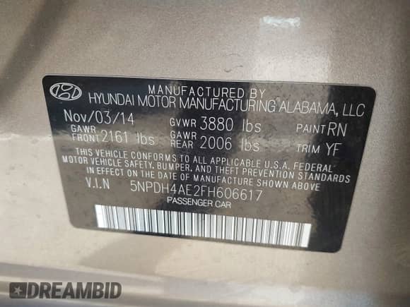 2015 Hyundai Elantra SE z VIN 5NPDH4AE2FH606617, wystawiony jako IAAI lot #43347992 z przebiegiem 110 281 mil mil oraz . Historia ofert i sprzedaży dostępna na DreamBid. Obrazek 9.