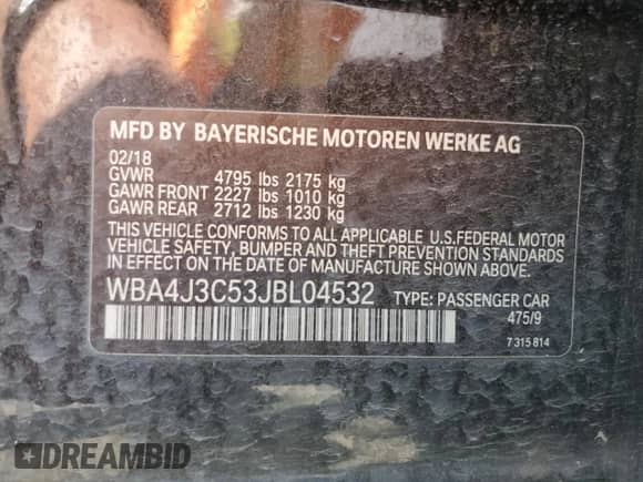 2018 BMW 4 Series 430i xDrive with VIN WBA4J3C53JBL04532, listed as a Copart auction lot 68978615 with 71,345 mi miles and Salvage title. Bid and sale history available at DreamBid. Image 12.