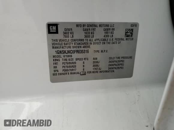 2015 Chevrolet Suburban LT with VIN 1GNSKJKC6FR635316, listed as a Copart auction lot 65336185 with 217,006 mi miles and Salvage title. Bid and sale history available at DreamBid. Image 13.