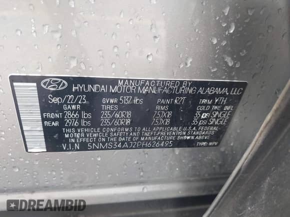 2023 Hyundai Santa Fe SEL с VIN 5NMS34AJ2PH626495, выставлен на аукционе IAAI как лот 42824880 с пробегом 36 148 миль миль и . История ставок и продаж доступна на DreamBid. Изображение 9.